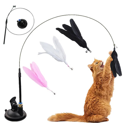 Interactive Cat Toy - Hands-Free Feather Teaser Wand with Suction Cup for Kittens and Cats