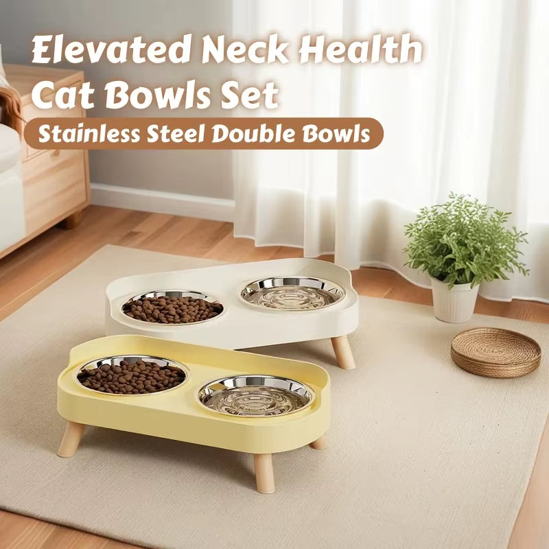 Dopamine Stylish Elevated Pet Feeder: Dual Stainless Steel Bowls with Neck Support for Food and Water