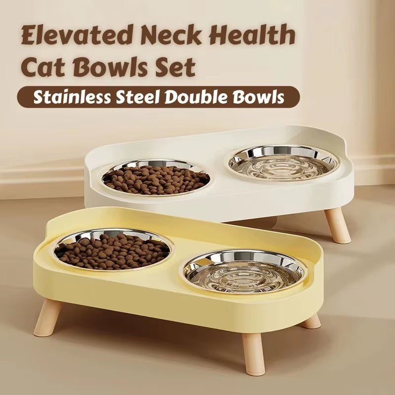 Dopamine Stylish Elevated Pet Feeder: Dual Stainless Steel Bowls with Neck Support for Food and Water