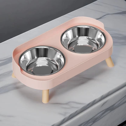 Dopamine Stylish Elevated Pet Feeder: Dual Stainless Steel Bowls with Neck Support for Food and Water