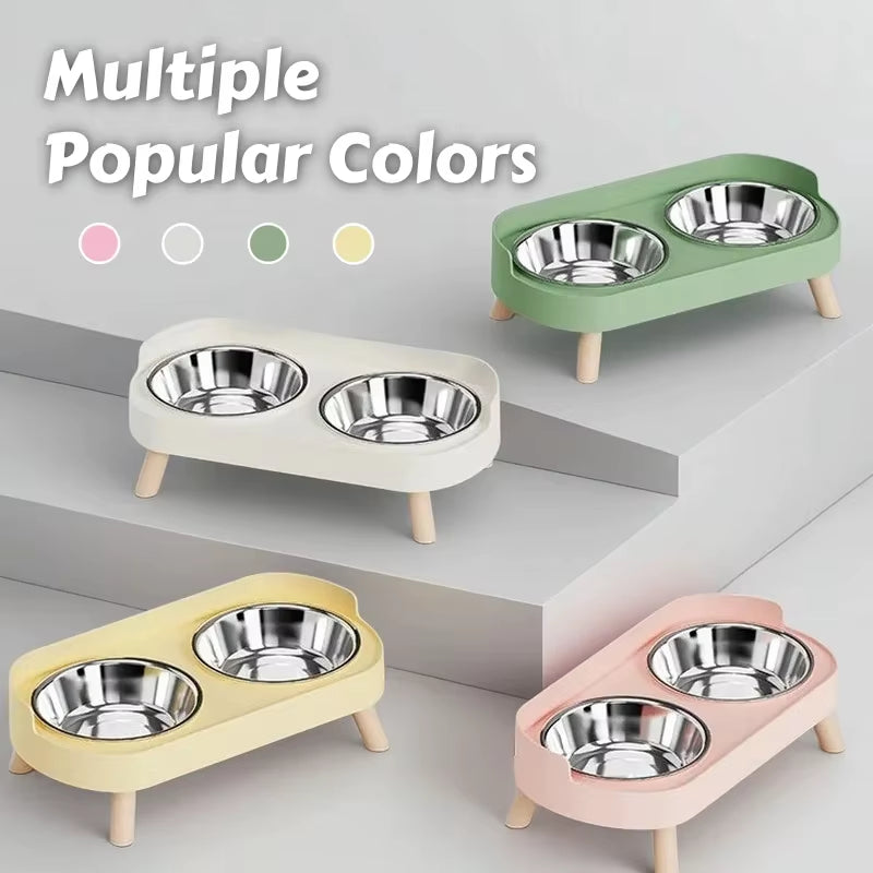 Dopamine Stylish Elevated Pet Feeder: Dual Stainless Steel Bowls with Neck Support for Food and Water